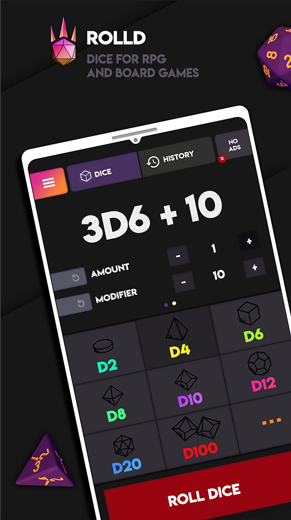 Virtual dice roller app for RPGs and boardgames