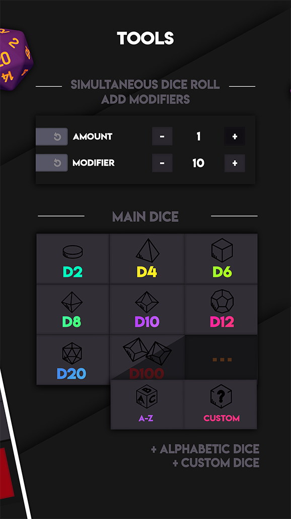 Tool for rolling dice in tabletop games and RPGs